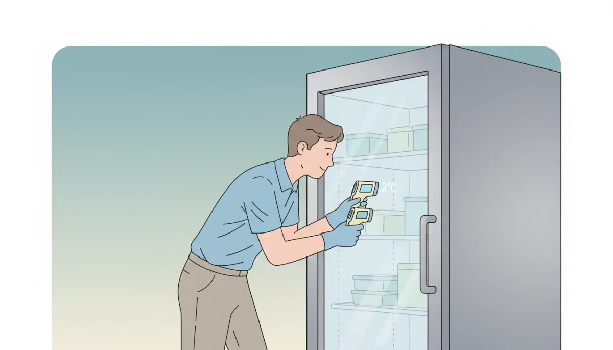 Facility manager inspecting walk in cooler door gasket and temperature display