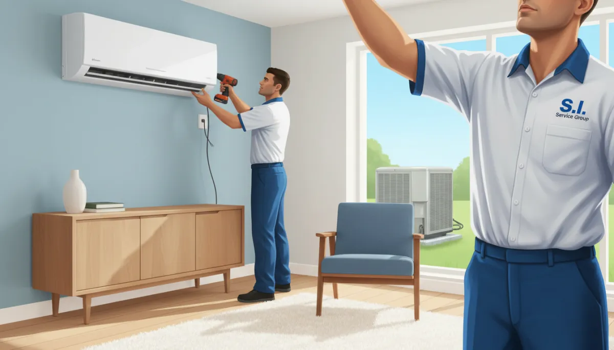 Technician installing a ductless mini-split system in a Tupelo living room