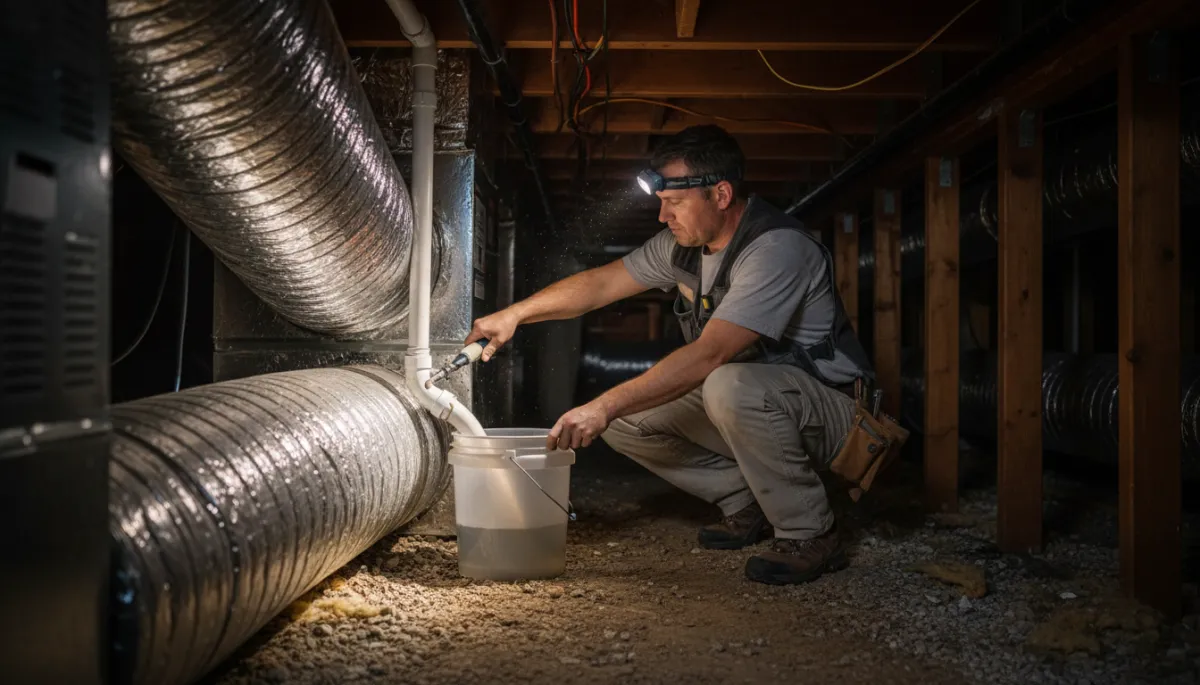 photorealistic scene of an HVAC technician in a dim crawlspace inspecting and clearing a condensate drain line next to ductwork, wearing work light and neutral-toned work clothes