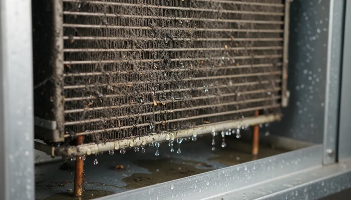 Dirty evaporator coil with condensation affecting AC dehumidification