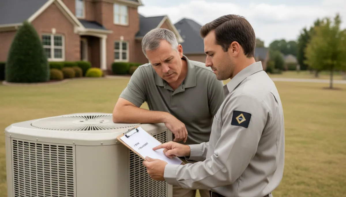 HVAC technician in Tupelo explaining repair and replacement options at an outdoor AC unit