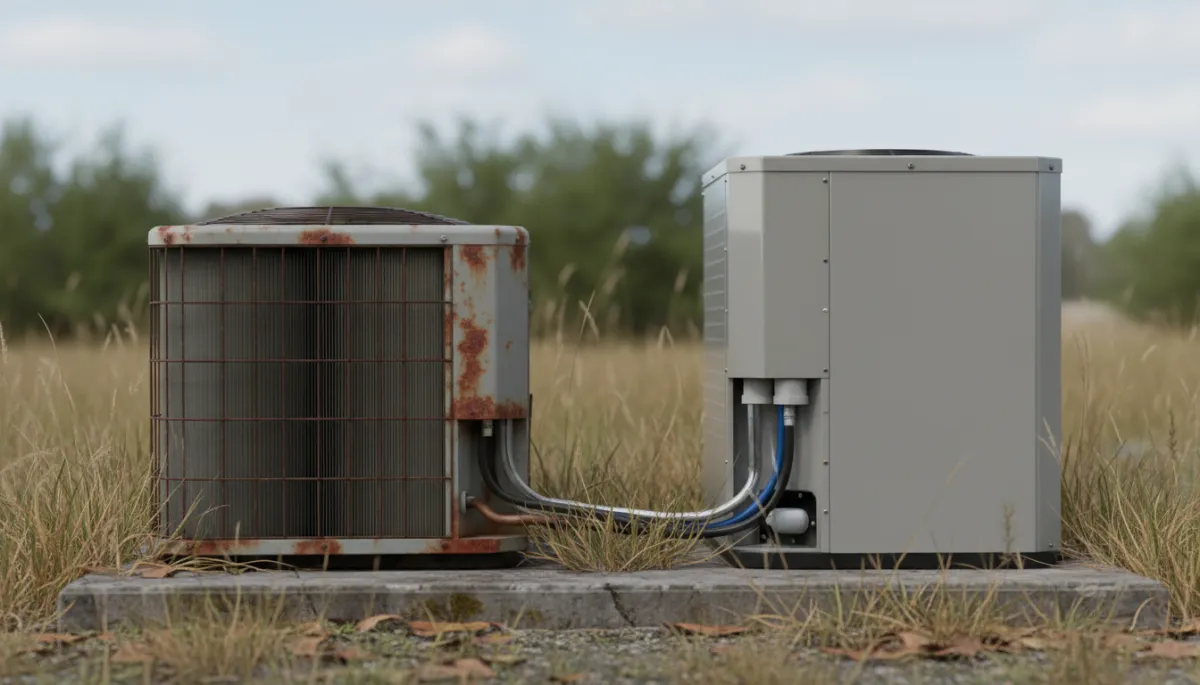 Old rusted AC condenser beside a new high-efficiency unit in Tupelo