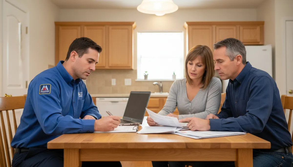 Technician in Tupelo writing an AC estimate at a kitchen table with homeowners