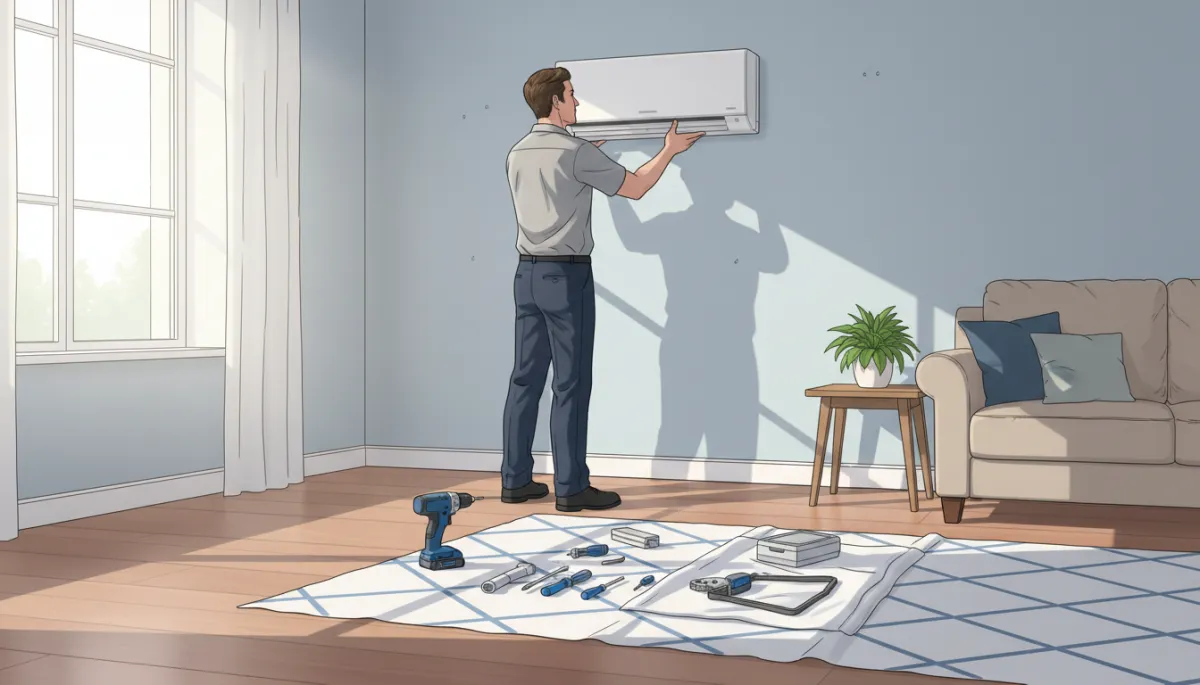 Photorealistic scene of a technician carefully mounting a white ductless mini-split indoor head on a living room wall, clean tools laid out on a drop cloth, bright natural light, tidy North Mississippi home interior
