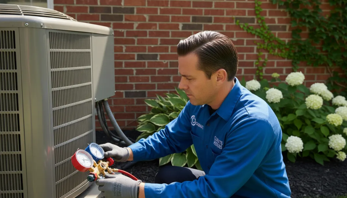 Photorealistic close-up of an HVAC technician in branded uniform checking gauges on a residential heat pump outdoor unit beside a brick home, bright daylight, neat landscaping