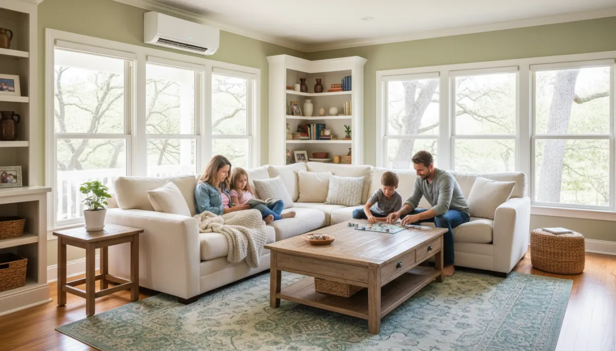 Photorealistic cozy family living room in a North Mississippi home, parents and kids relaxing on a sofa, bright daylight through windows, discreet mini-split on wall, comfortable and uncluttered