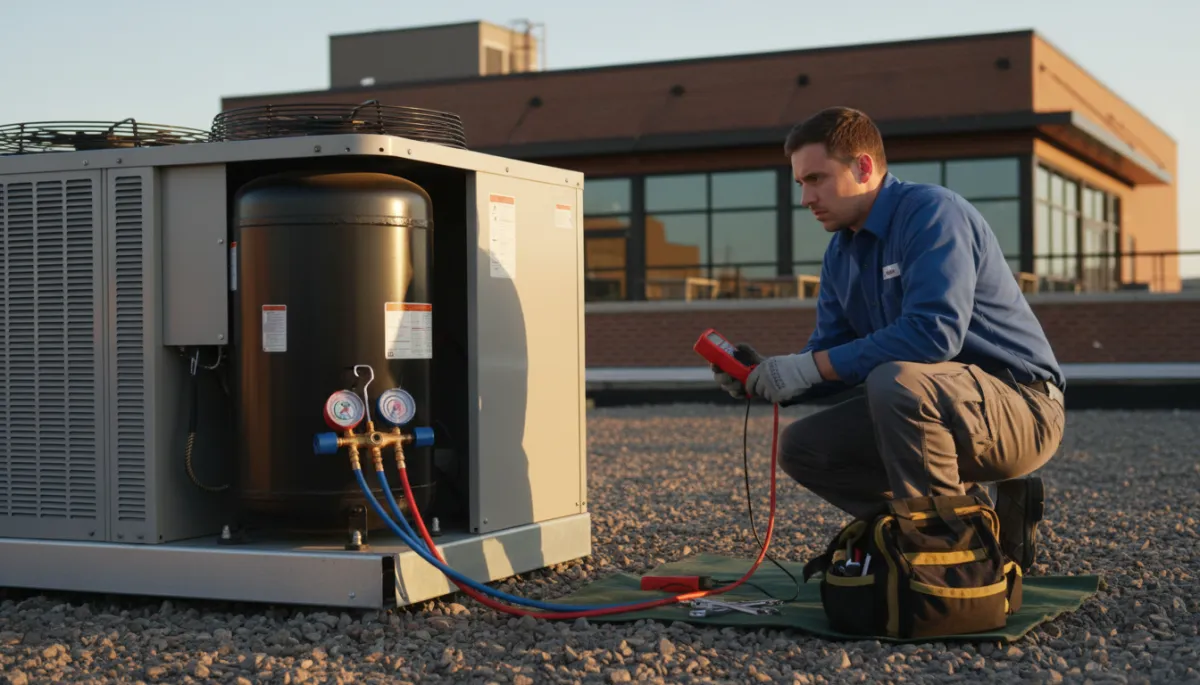 photorealistic close-up of a commercial refrigeration technician kneeling beside an outdoor condensing unit, multimeter and gauges attached to the compressor housing, late afternoon light, restaurant building in background