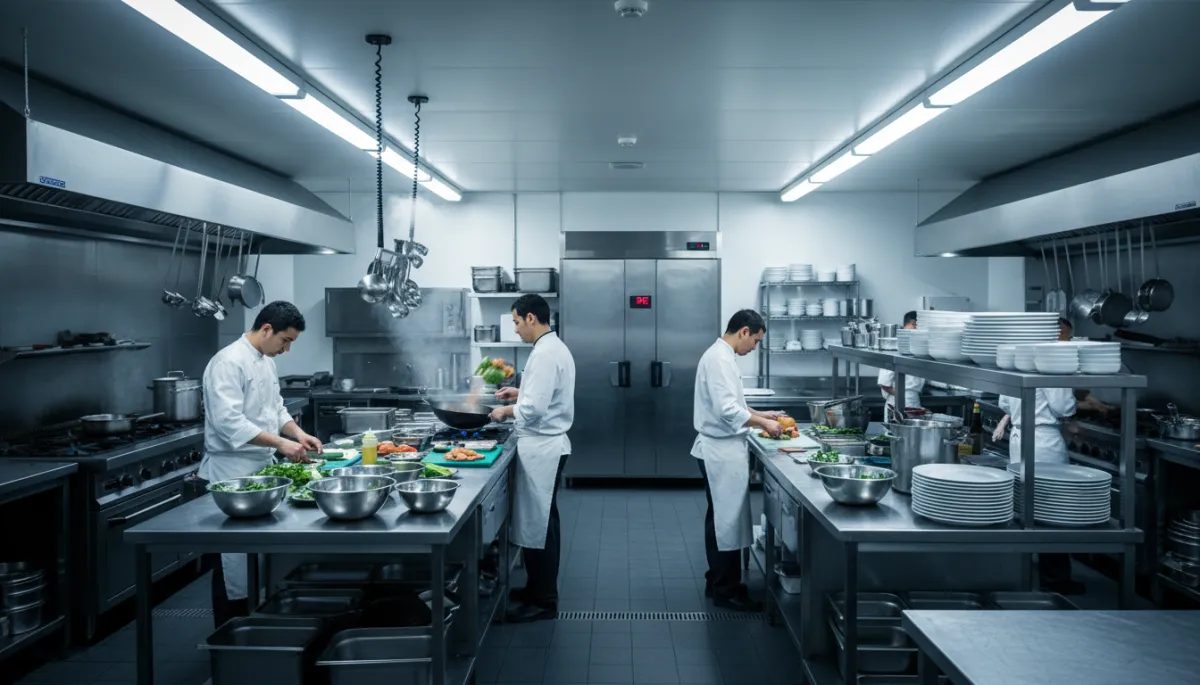 photorealistic wide shot of a busy commercial kitchen with chefs working, stainless steel prep tables, and a walk-in cooler door visible in the background with digital temperature display, bright overhead lighting