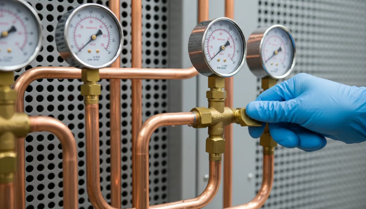 photorealistic macro shot of clean copper refrigeration lines, pressure gauges connected, and a technician’s gloved hand adjusting a valve on a commercial condensing unit