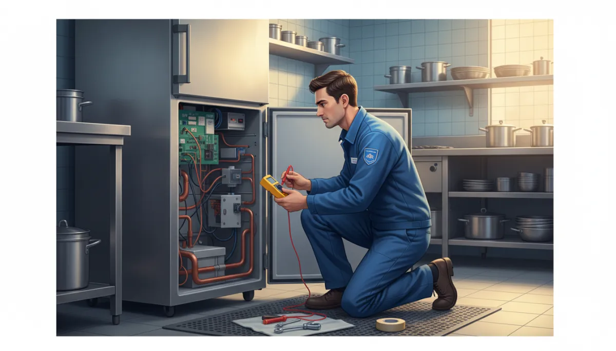 Photorealistic technician in uniform kneeling beside a stainless steel commercial refrigerator in a restaurant kitchen, panel open, multimeter and tools visible, focused expression