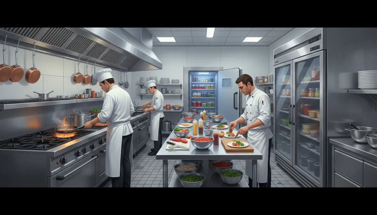 Photorealistic wide shot of a busy commercial kitchen with multiple stainless steel reach-in coolers, prep tables, and a walk-in cooler door in the background, chefs working on the line