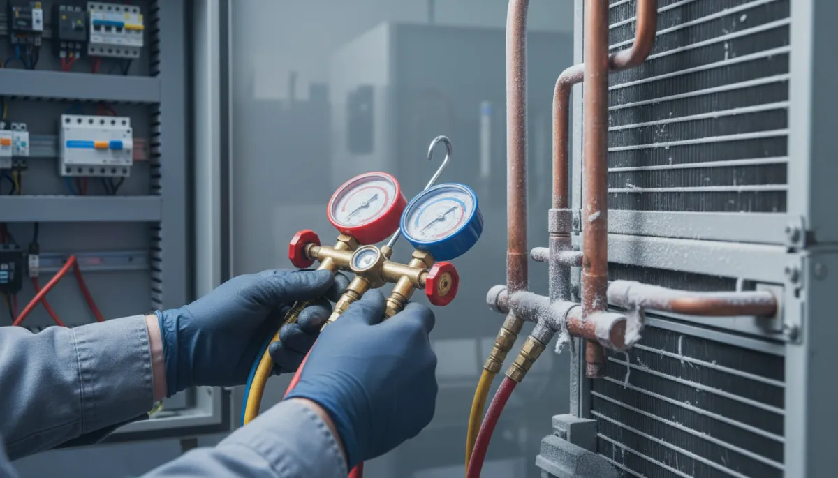 Photorealistic close-up of a technician’s hands inspecting refrigeration components—gauge manifold connected, copper lines, condenser coil, and electrical panel visible