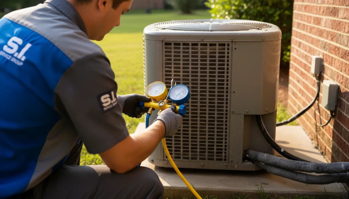 Photorealistic close-up of an HVAC technician in S.I. Service Group uniform checking gauges on an outdoor AC condenser unit beside a brick home in Tupelo on a bright summer day, beads of condensation on refrigerant lines