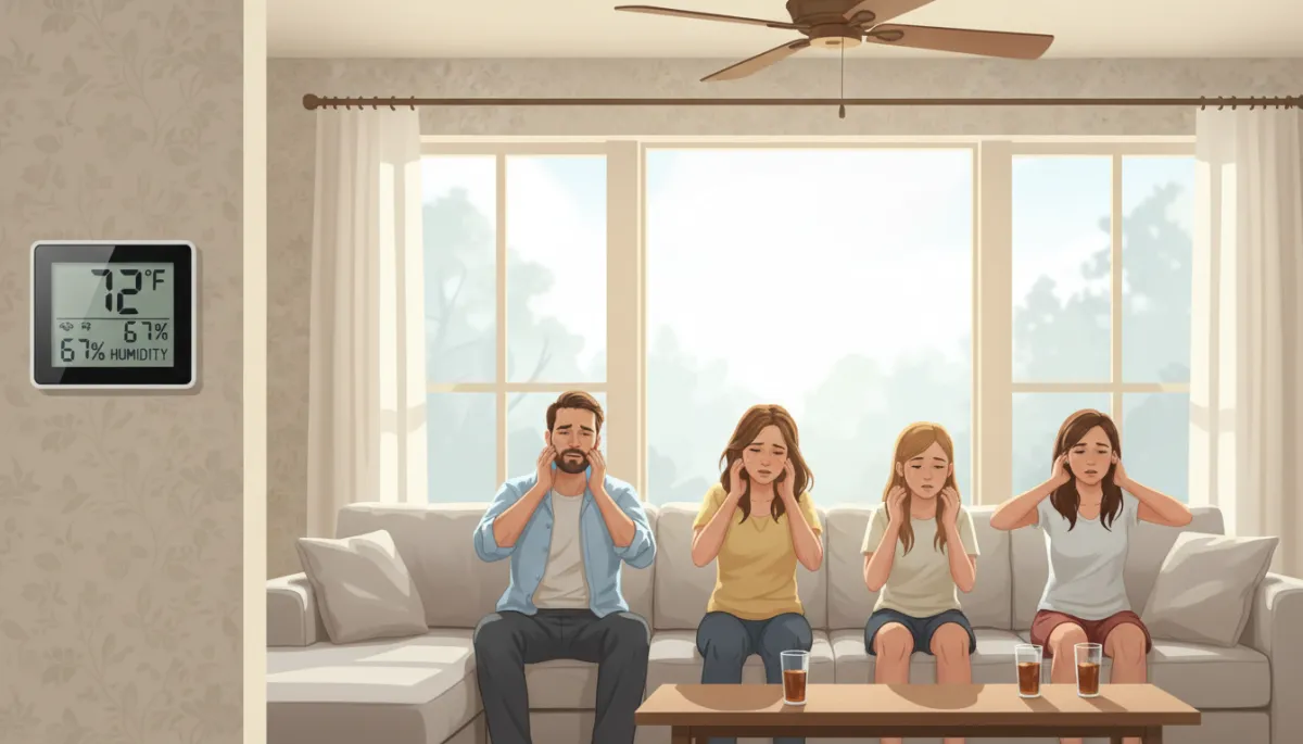 photorealistic view inside a North Mississippi living room with windows showing bright, hazy summer sky outside, digital thermostat on the wall reading 72°F and 67% humidity, family looking slightly uncomfortable on the couch