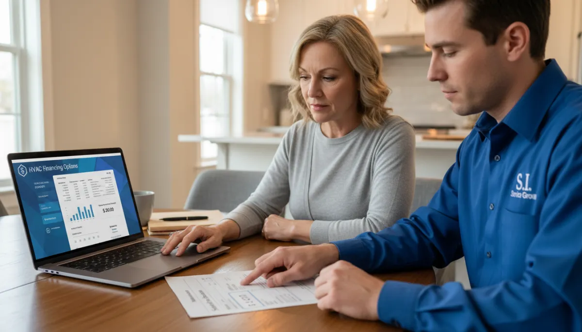 Photorealistic scene of a Tupelo homeowner reviewing HVAC financing options on a laptop at the kitchen table while an S.I. Service Group technician points to a simple monthly payment plan on a printed estimate, soft indoor lighting