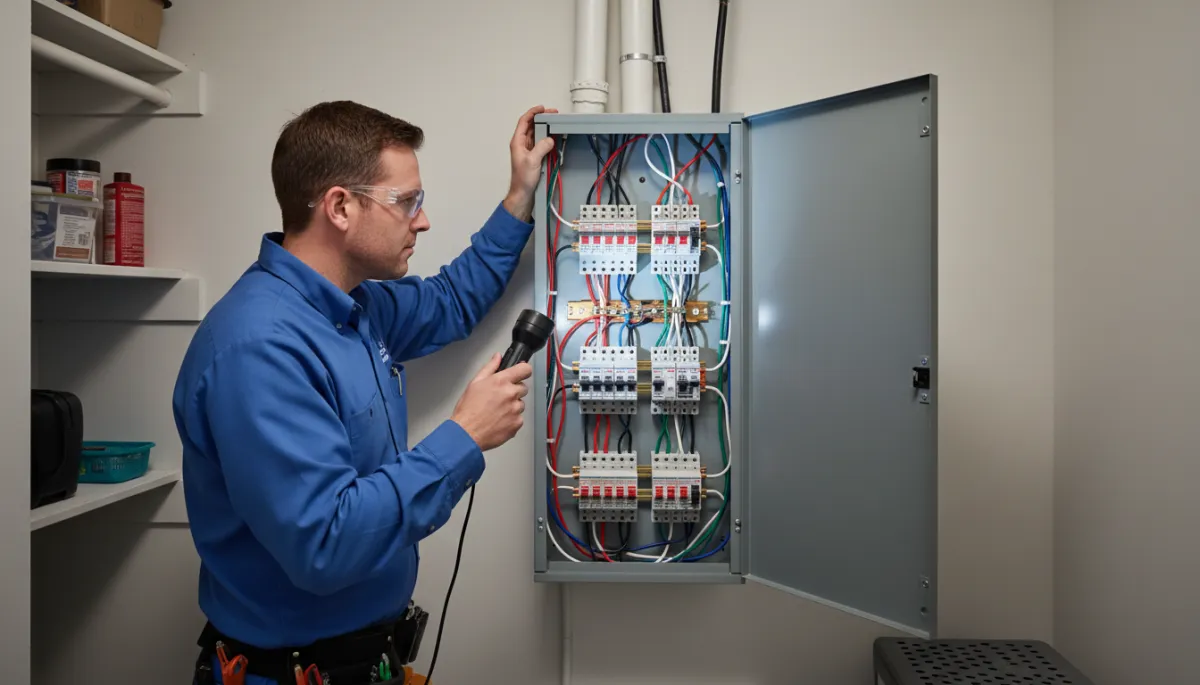 Licensed electrician in Tupelo Mississippi using an infrared camera on a residential breaker panel while a homeowner watches nearby, evening light through a garage window