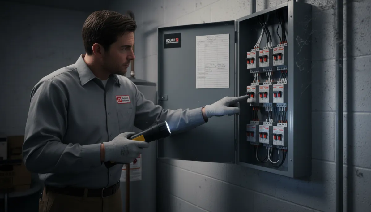 Electrician wearing proper PPE performing a breaker panel upgrade in a Tupelo garage