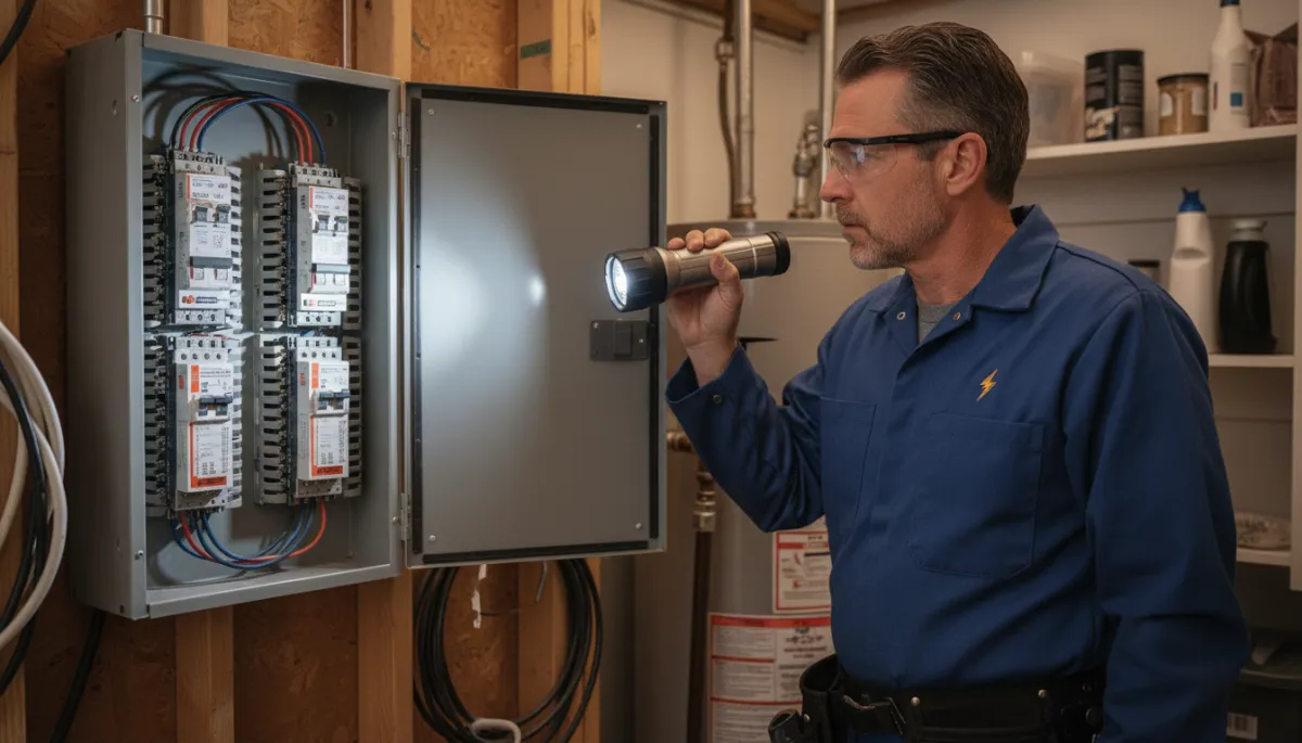 Licensed electrician inspecting an open residential breaker panel in Tupelo Mississippi