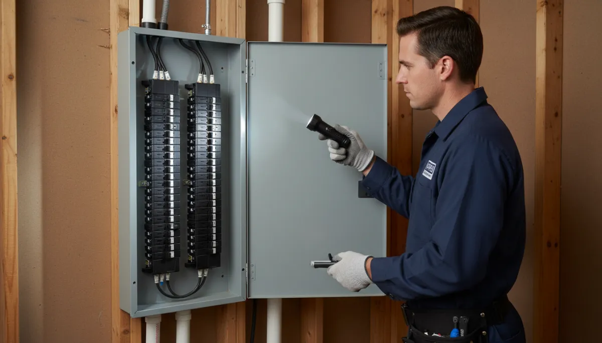 Outdated and damaged residential breaker panel showing signs of heat and age