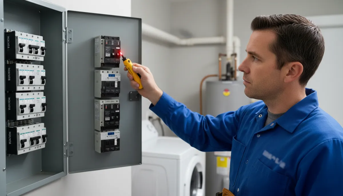Close-up of a licensed electrician in branded S.I. Service Group shirt working carefully inside a residential electrical panel in a North Mississippi home, neatly organized breakers and labeled circuits, bright even lighting