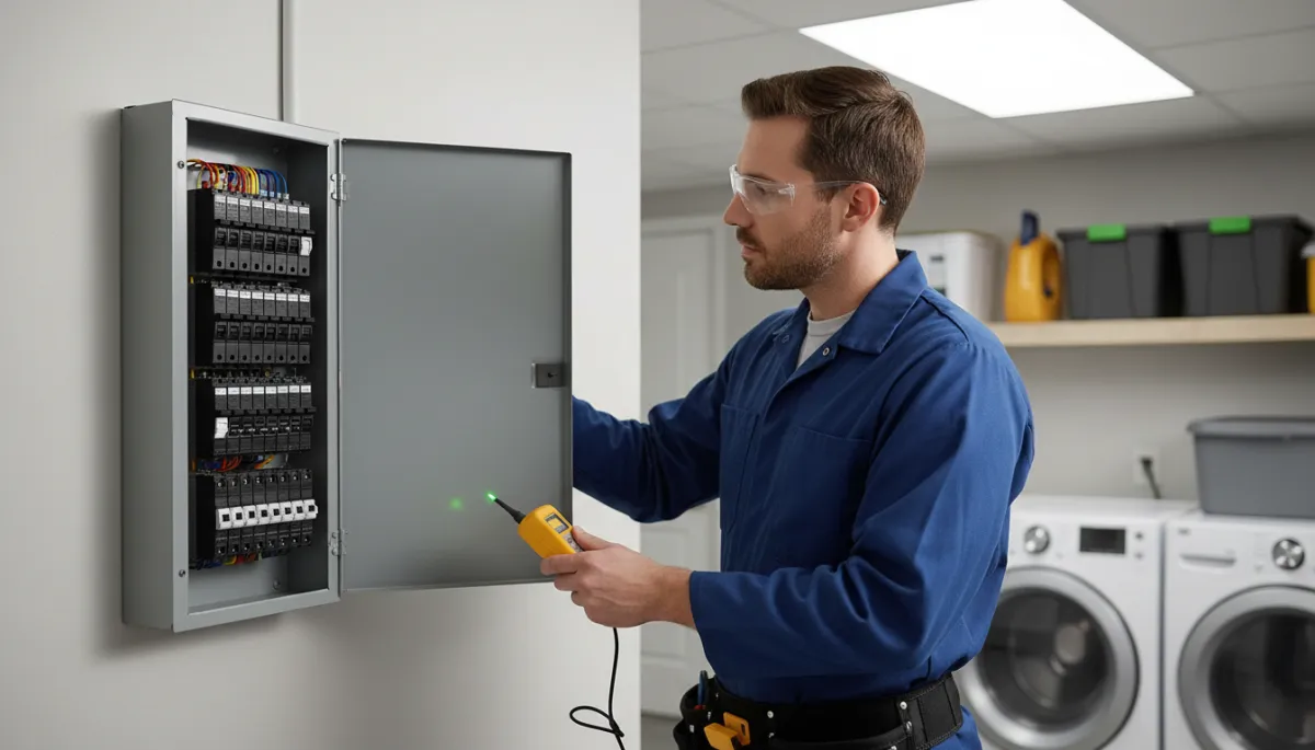 Friendly licensed electrician in S.I. Service Group uniform standing in a bright North Mississippi living room, reviewing an electrical safety checklist with a relaxed homeowner, both smiling, natural daylight