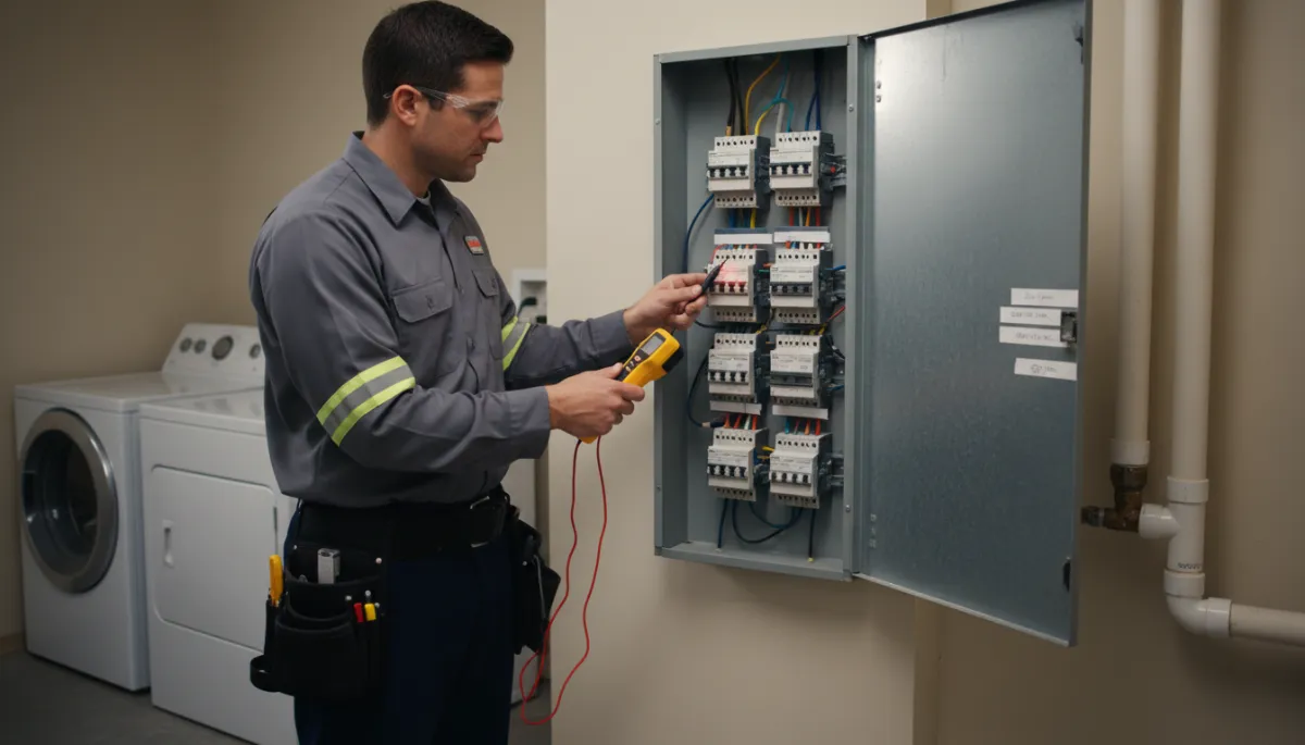 Electrician testing a home electrical outlet while the homeowner observes