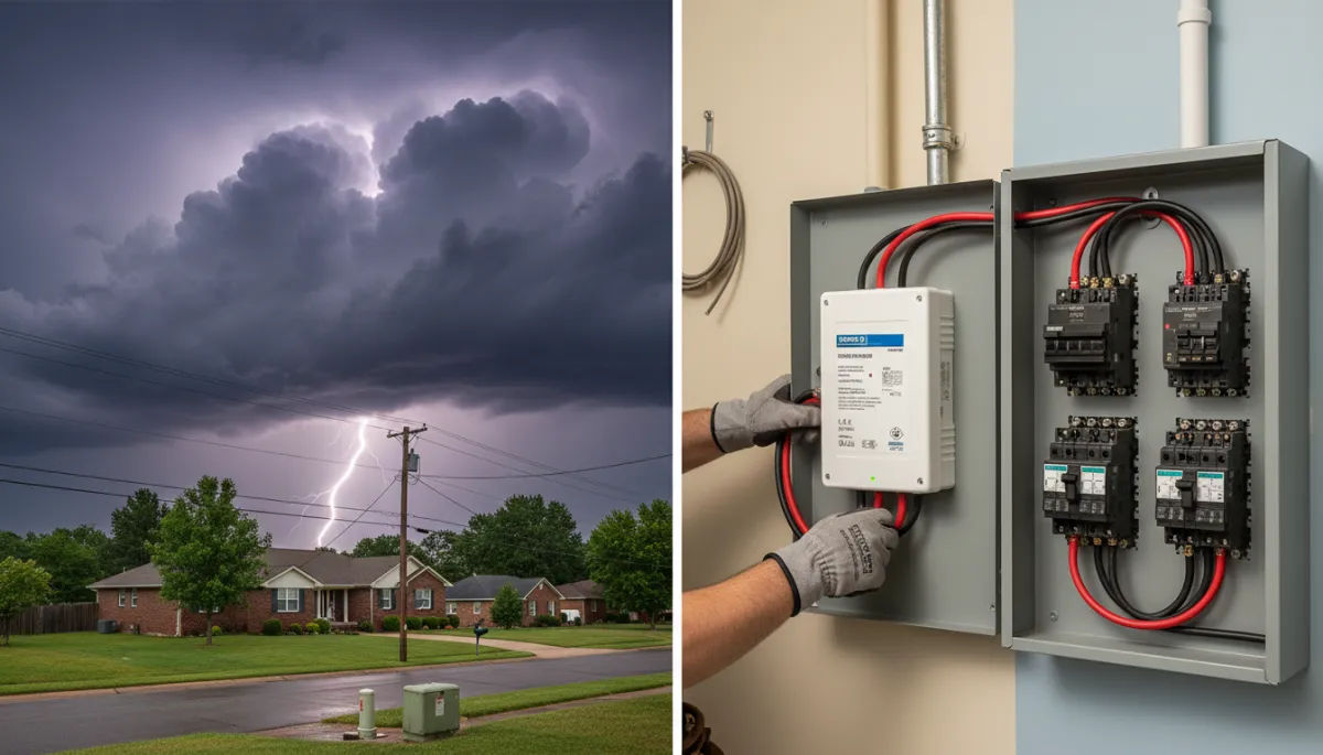 Photorealistic electrician installing a whole-home surge protector at a breaker panel