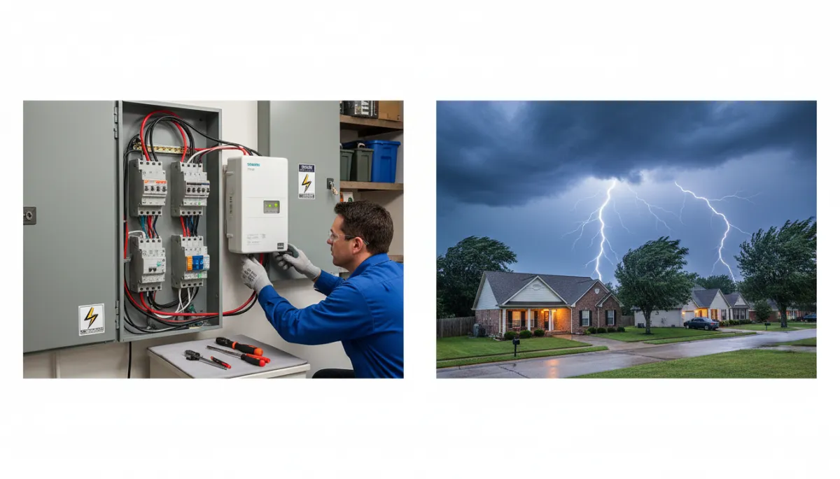 Photorealistic interior scene of a North Mississippi living room during a thunderstorm, lights dimmed, family watching TV while lightning flashes outside large window, subtle focus on modern electronics and HVAC thermostat on wall