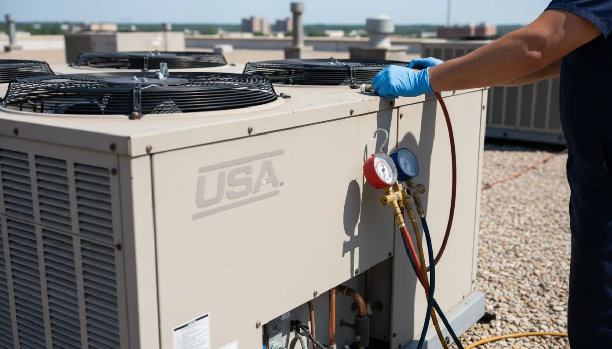 photorealistic close-up of a USA-brand commercial rooftop HVAC package unit on a flat retail roof in Tupelo, summer sunlight, technician’s gloved hands adjusting service gauges, neutral tones