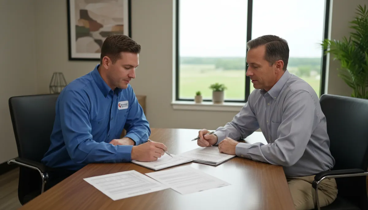 Commercial HVAC technician reviewing maintenance plan with Tupelo business owner