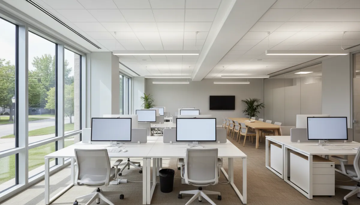 Ceiling-mounted commercial HVAC vents in a modern Tupelo office