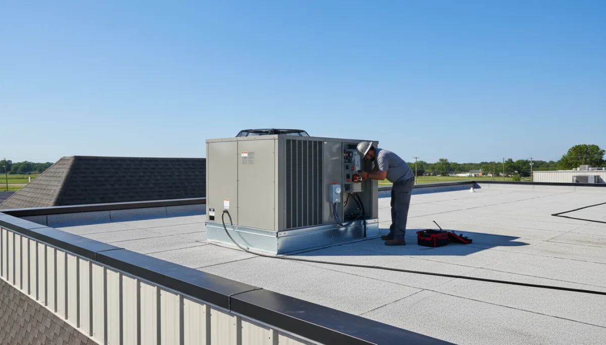 Newly installed commercial rooftop AC unit on a North Mississippi small business