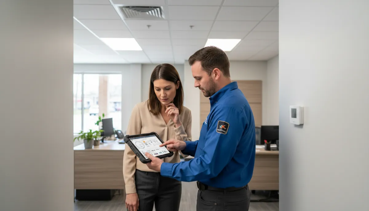 Business owner reviewing commercial AC performance with HVAC technician inside Tupelo office