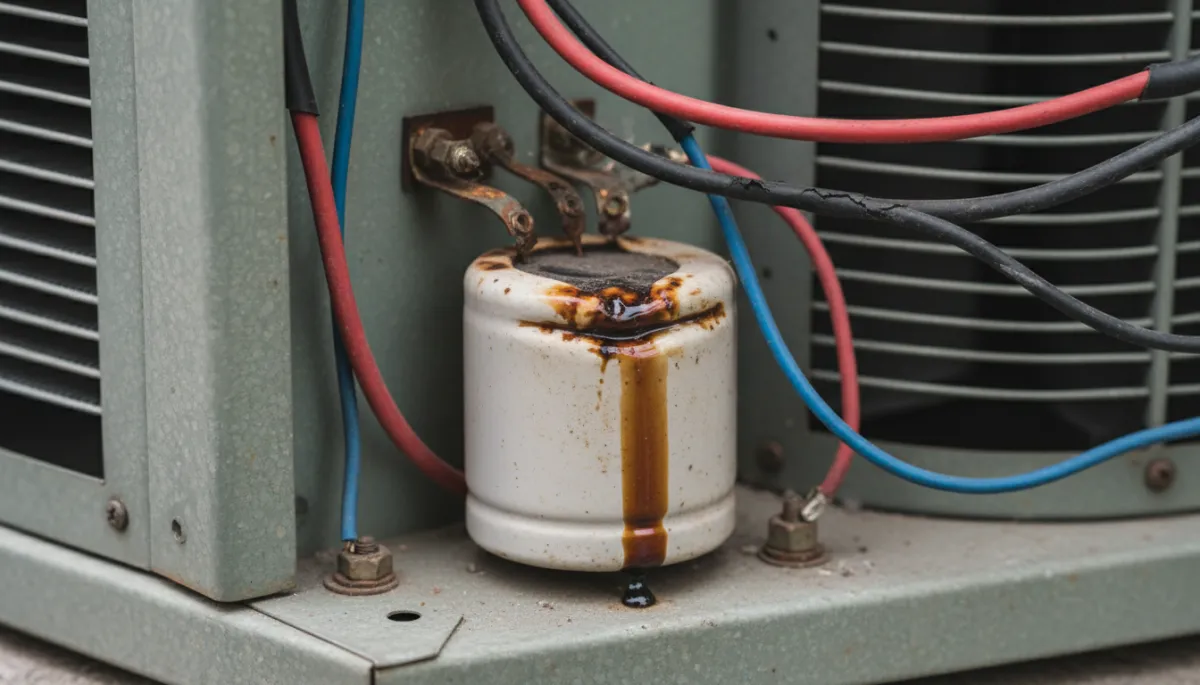 Bulging failed HVAC capacitor inside an outdoor AC unit