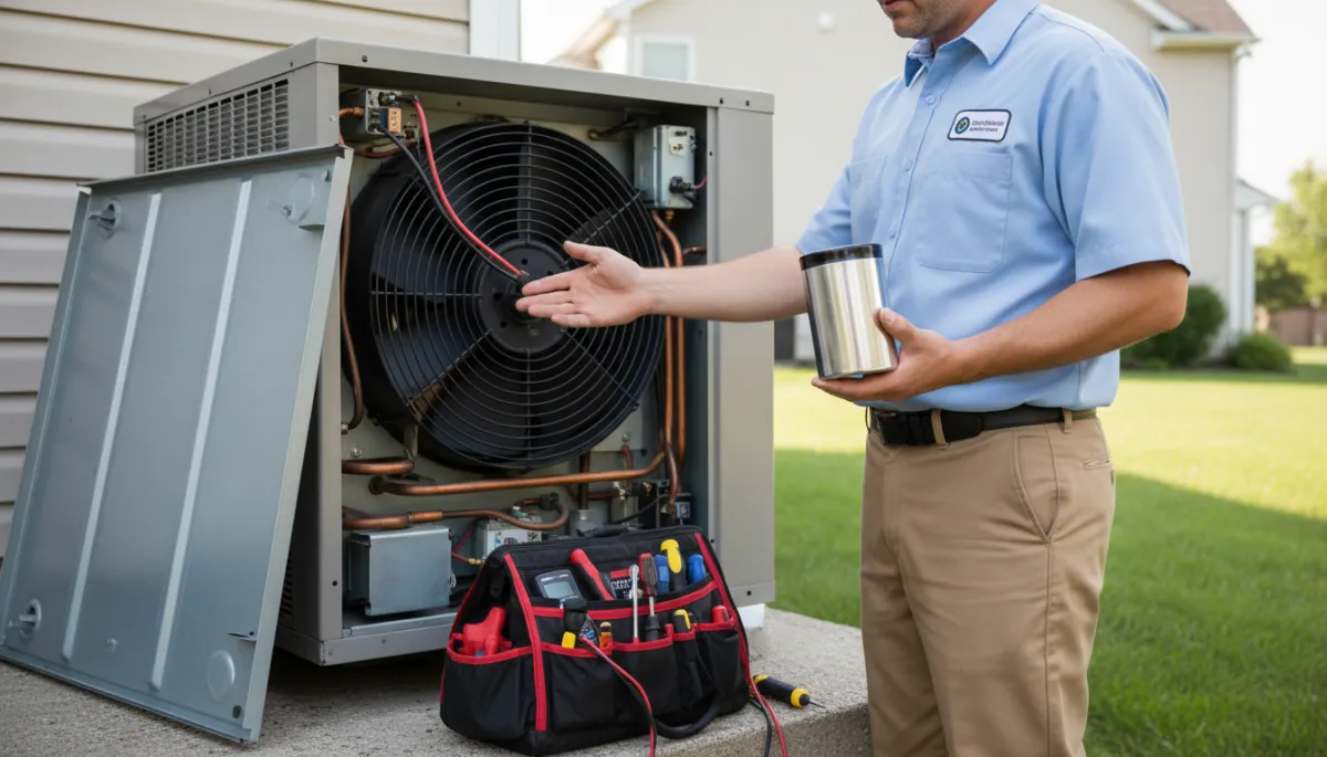 Technician holding a new HVAC capacitor beside an outdoor AC unit