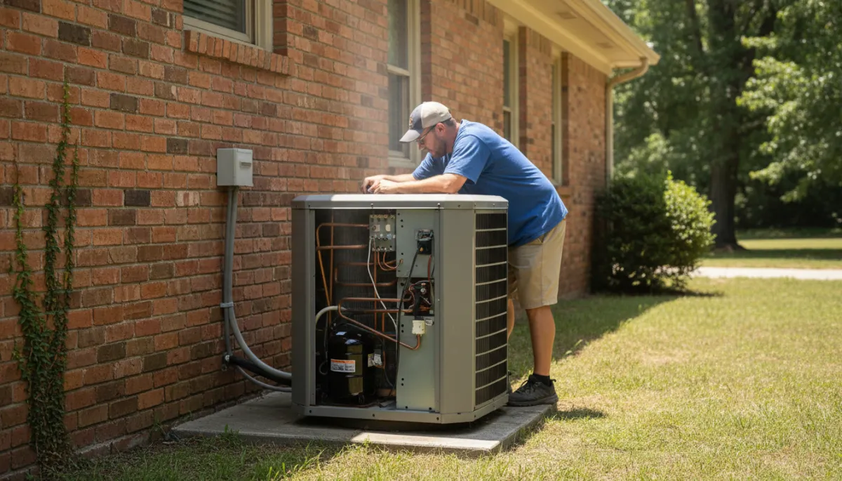 Technician working on an outdoor AC unit in North Mississippi summer heat
