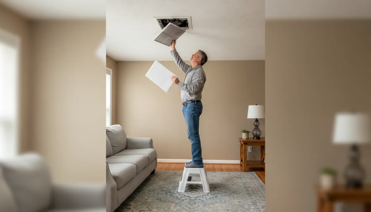 Homeowner replacing an HVAC air filter in a return vent