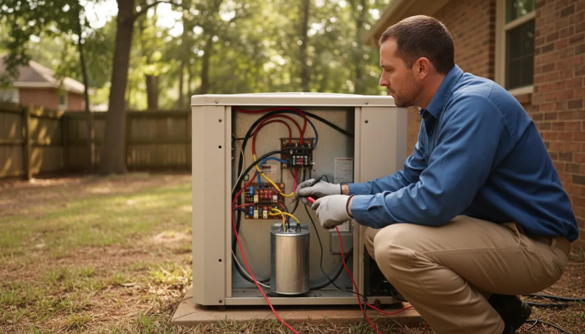 HVAC technician checking electrical components and capacitor in an outdoor unit