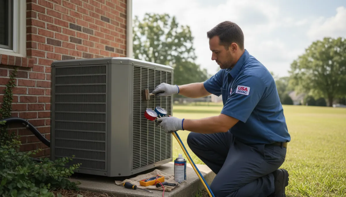 HVAC technician performing spring tune-up on a residential AC condenser in Mississippi