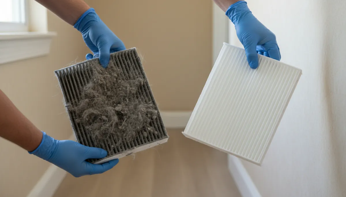 Technician holding a clogged HVAC air filter next to a clean one