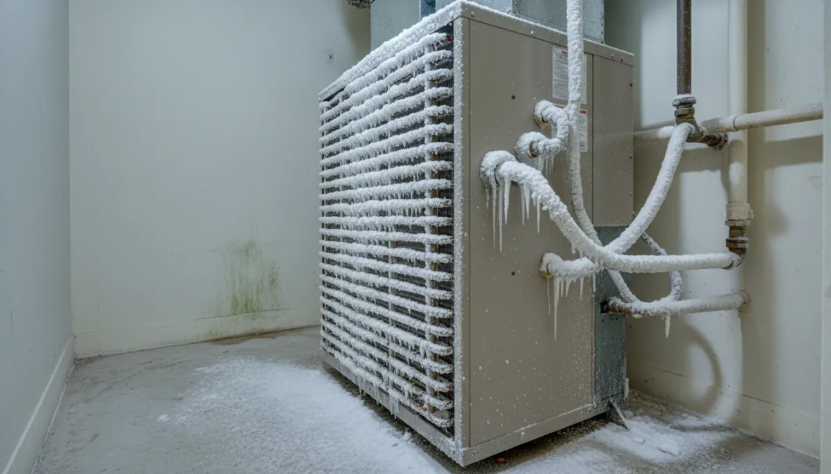Ice-covered evaporator coil and refrigerant lines on a residential HVAC air handler