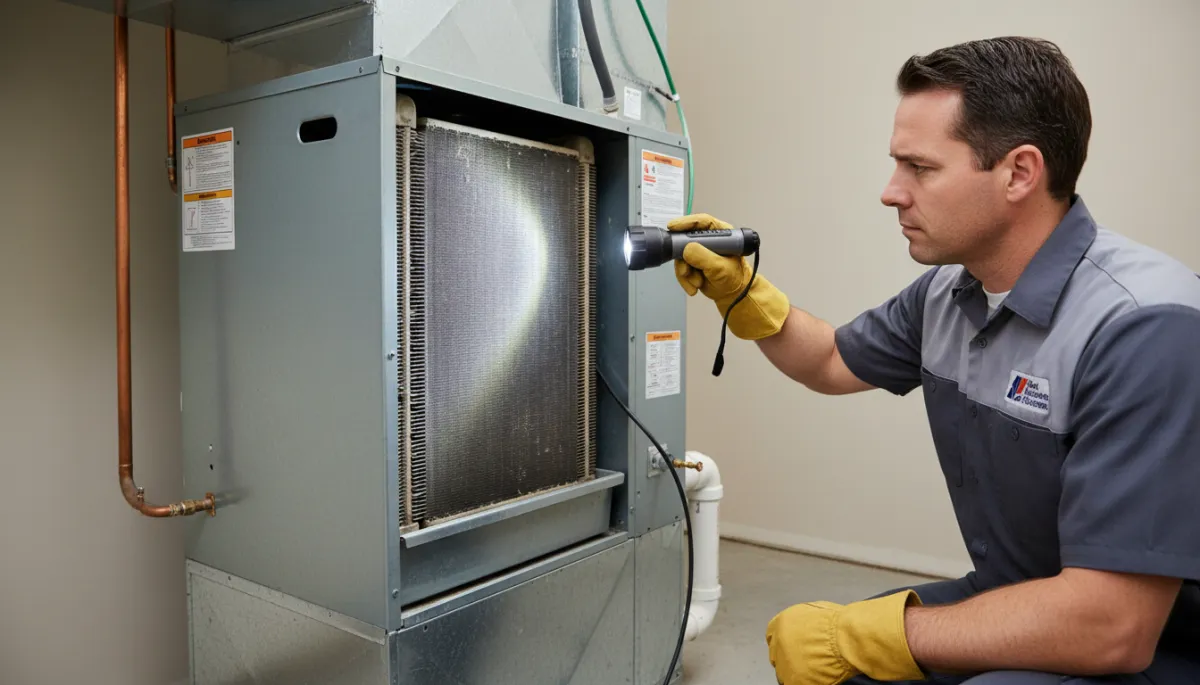 HVAC technician inspecting an evaporator coil in a residential air handler