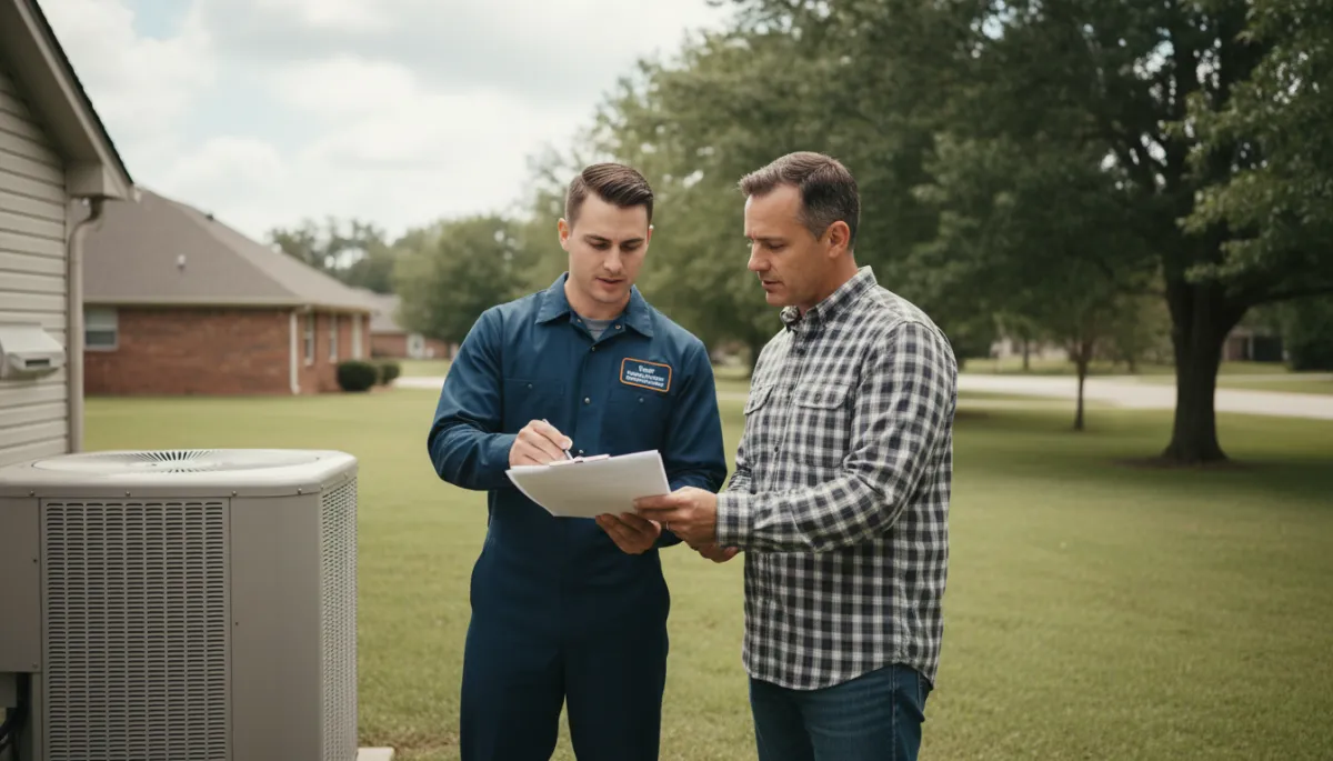 HVAC technician discussing energy-saving options with a North Mississippi homeowner by an outdoor AC unit