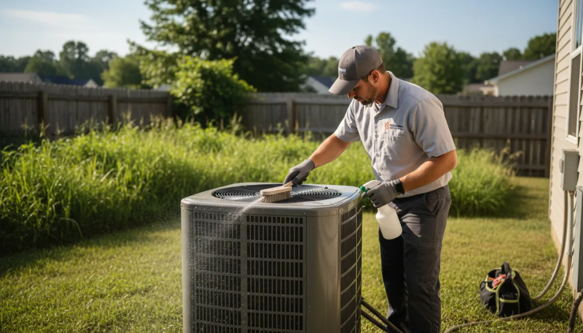 HVAC technician cleaning outdoor condenser coils on a residential AC unit in Mississippi