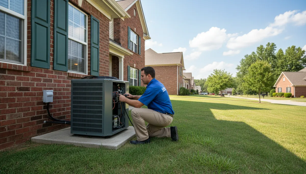 HVAC technician performing a tune-up on an outdoor AC unit in North Mississippi