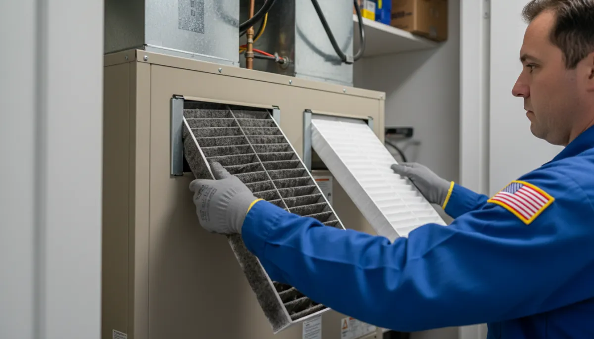 Technician replacing a dirty HVAC filter with a clean one in a North Mississippi home