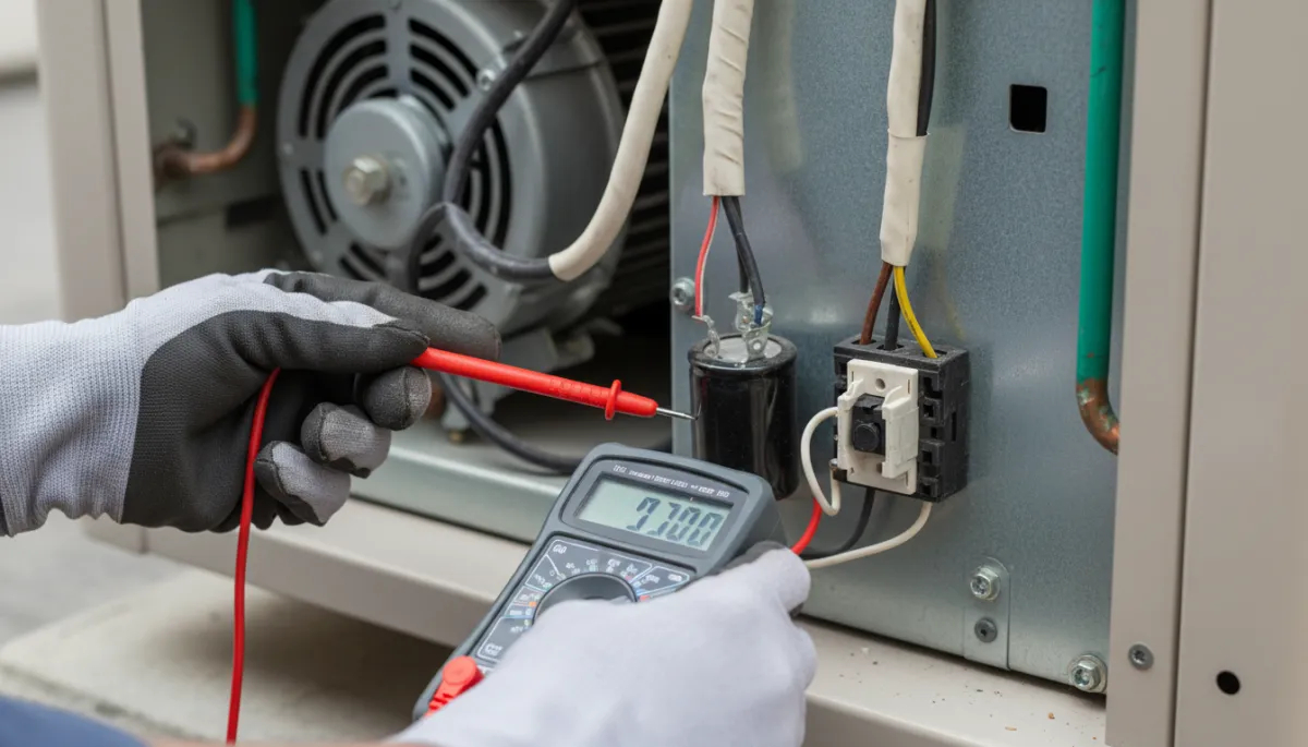Technician checking electrical components inside a residential AC condenser in Mississippi