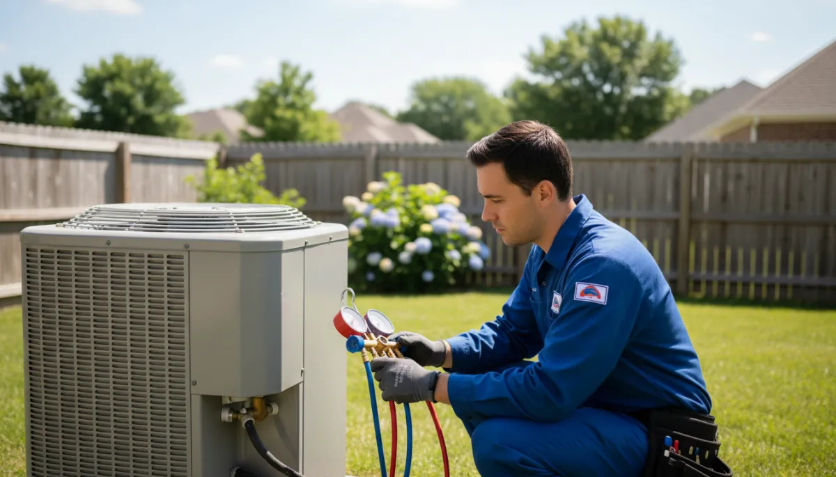 HVAC technician checking refrigerant on an outdoor AC unit