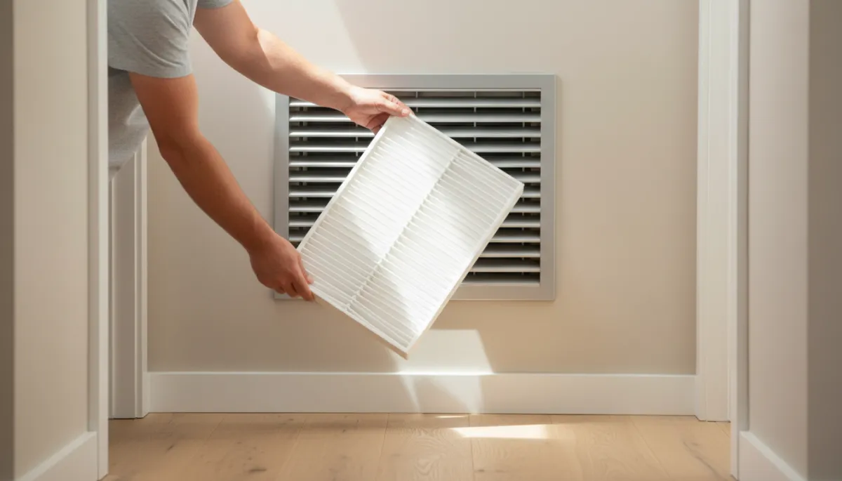 Homeowner installing a clean HVAC air filter