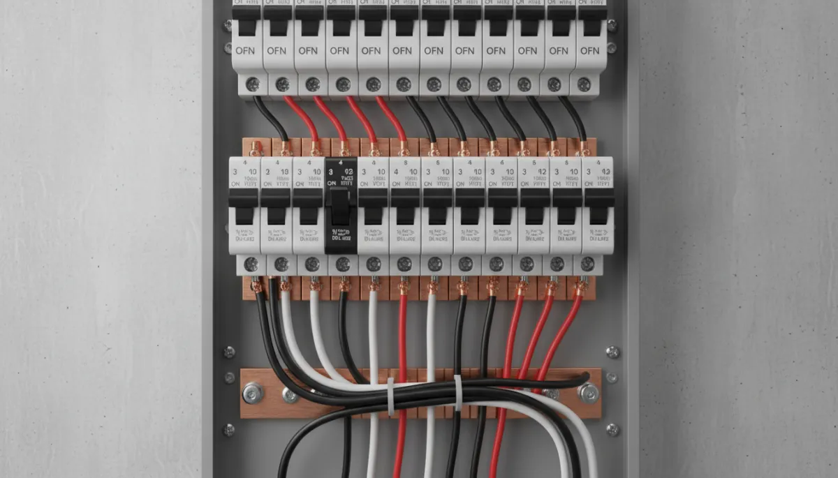 Close-up of a tripped residential circuit breaker in the middle position
